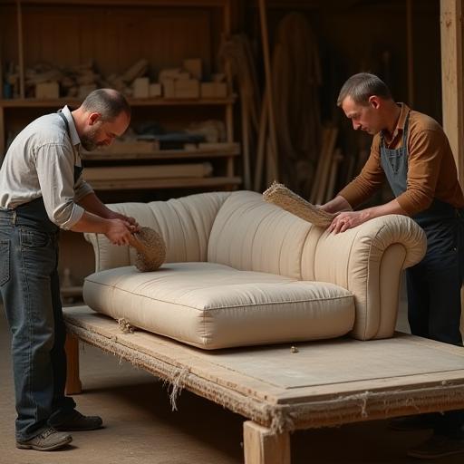 Artisans working on a handmade sofa in the workshop